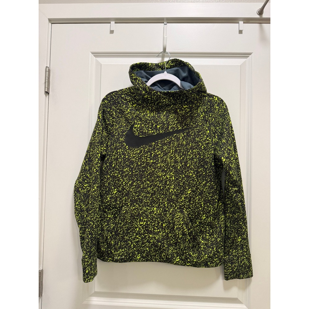 Nike Therma-FIT Hoodie Neon Yellow Black Static Print Swoosh Pullover Mens Small
